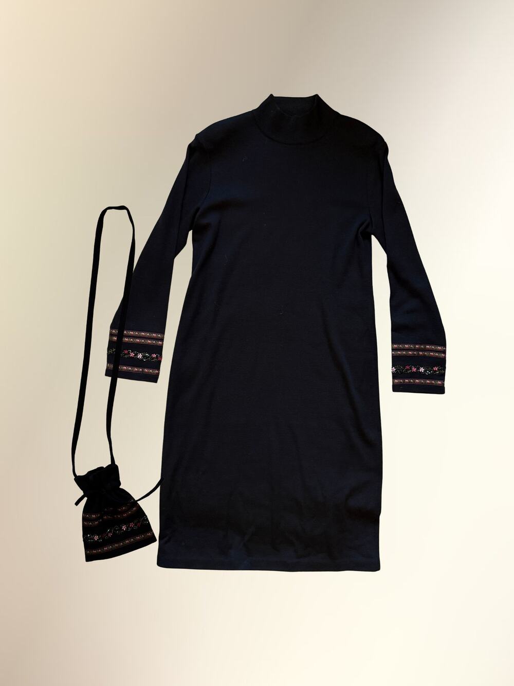 Nina Leonard Black Knit Embroidered Mock Neck Sweater Dress + Purse L